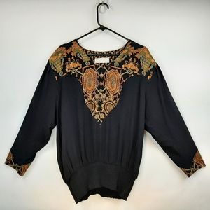 Vintage A.C. Sport Black Floral Detailing Pullover Smocked Ruching Size 18W